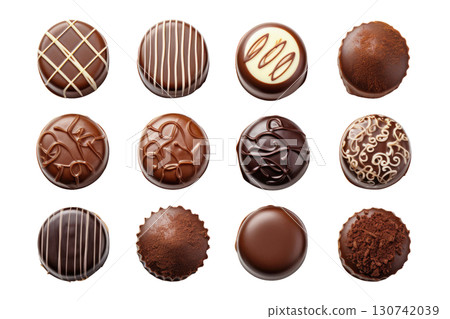 Assorted gourmet chocolate candies arranged in a grid pattern, showcasing rich textures and intricate designs. Isolated on transparent background. PNG, cutout. Assorted gourmet chocolate candies arranged in a grid pattern, showcasing rich textures and intricate designs. Isolated on transparent background. PNG, cutout. 130742039