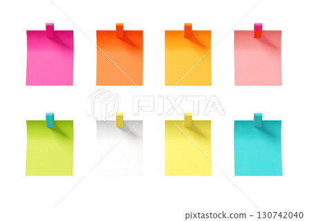 Colorful sticky notes arranged in a grid pattern, showcasing vibrant hues and shadows, ideal for organization and creative brainstorming concepts. Isolated on transparent background. PNG, cutout. 130742040