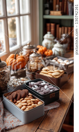 Assorted Halloween candies and cookies in vintage tins on a wooden table by the window with pumpkins Assorted Halloween candies and cookies in vintage tins on a wooden table by the window with pumpkins 130742161