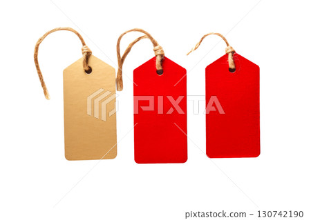 Colorful blank tags in various shapes and sizes, showcasing a vibrant palette for labeling, pricing, or crafting purposes in creative projects. Isolated on transparent background. PNG, cutout. 130742190