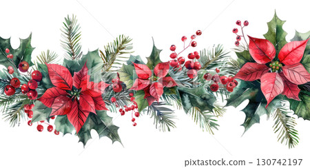 Vibrant watercolor illustration of festive garland with poinsettias and holly, adorned with red berries and lush greenery. Isolated on transparent background. PNG, cutout. 130742197
