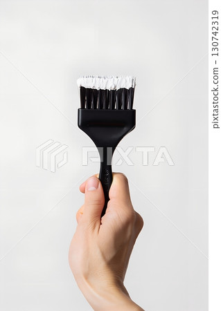 Hand holding paintbrush dipped in white paint against a white background, minimalist art and creativity concept 130742319