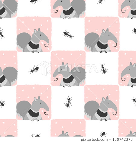 Seamless checked pattern with cute cartoon anteater. Baby print 130742373