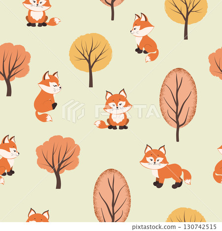 Cartoon foxes in the woodland. Seamless autumn forest pattern with cute animals Cartoon foxes in the woodland. Seamless autumn forest pattern with cute animals 130742515