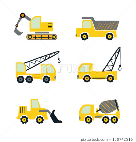 Cartoon constructions truck set. Vector machine illustration for kids Cartoon constructions truck set. Vector machine illustration for kids 130742516
