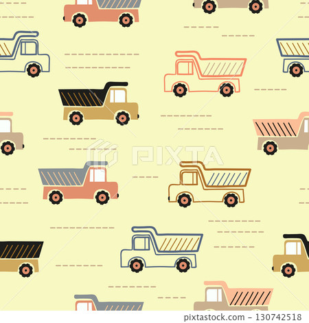 Seamless cartoon trucks pattern. Vector transport illustration 130742518