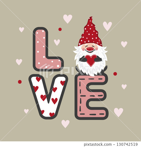 Valentines day card with cute gnome and red heart. Vector love illustration Valentines day card with cute gnome and red heart. Vector love illustration 130742519