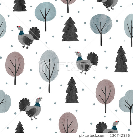 Seamless capercaillie bird pattern. Vector illustration with watercolor cartoon grouse and trees Seamless capercaillie bird pattern. Vector illustration with watercolor cartoon grouse and trees 130742526