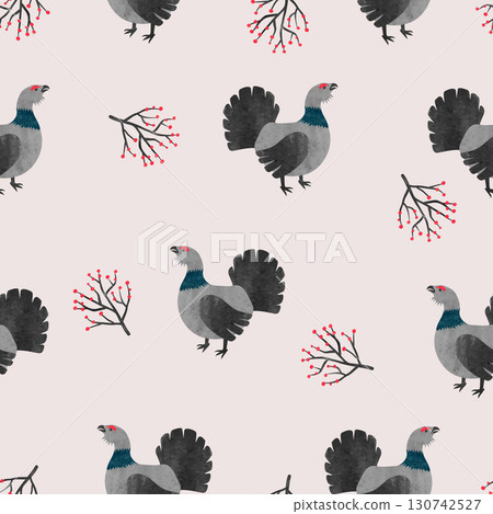 Seamless capercaillie bird pattern. Vector illustration with watercolor cartoon grouse 130742527