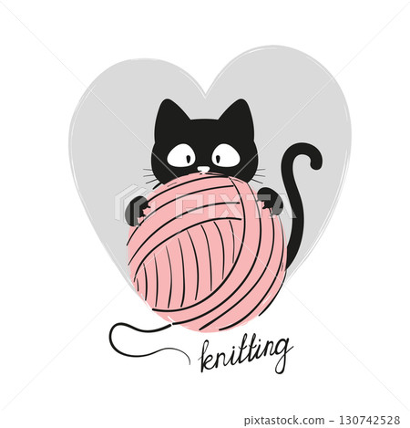 Black cat with a ball of wool. Knitting vector illustration Black cat with a ball of wool. Knitting vector illustration 130742528