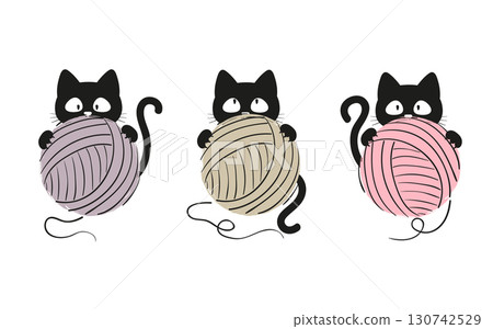 Black cat with a ball of yarn. Knitting set, vector illustration Black cat with a ball of yarn. Knitting set, vector illustration 130742529