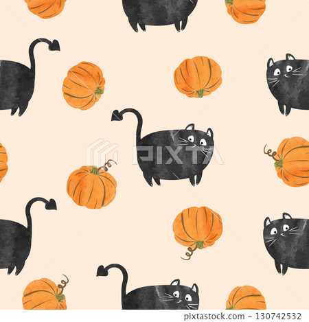 Seamless Halloween pattern with funny black cats and pumpkins Seamless Halloween pattern with funny black cats and pumpkins 130742532