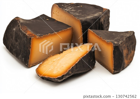 Several pieces of hard cheese with a black rind are lying on a white background 130742562
