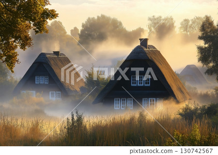Golden sunlight is bathing idyllic thatched roof cottages in the morning mist on a beautiful autumn day 130742567