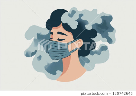 Minimalist illustration of a person with closed eyes wearing a protective face mask surrounded by smoke Minimalist illustration of a person with closed eyes wearing a protective face mask surrounded by smoke 130742645