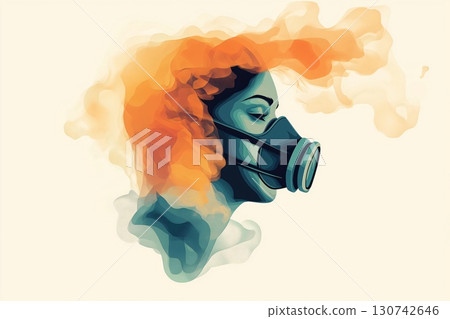 Conceptual illustration of a woman wearing a gas mask, symbolizing protection and resilience amidst pollution or danger Conceptual illustration of a woman wearing a gas mask, symbolizing protection and resilience amidst pollution or danger 130742646