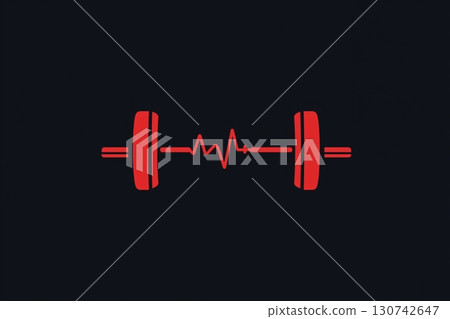 Minimalist fitness logo featuring a barbell with a heartbeat line as a symbol of a healthy lifestyle 130742647