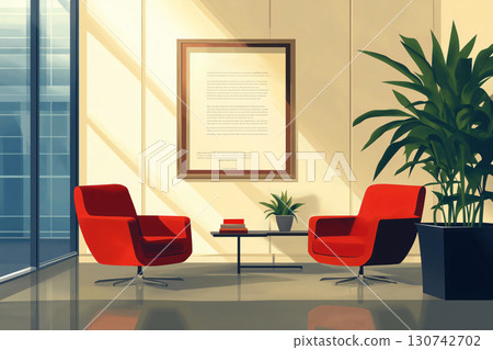 Sunlight shining through large windows of a modern office interior with a framed corporate mission statement hanging on the wall 130742702