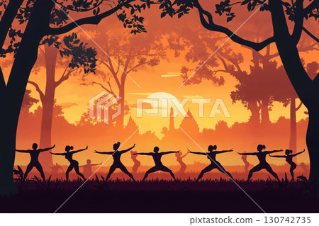 Silhouettes of people practicing yoga in warrior pose at sunset with a tropical temple in the background 130742735