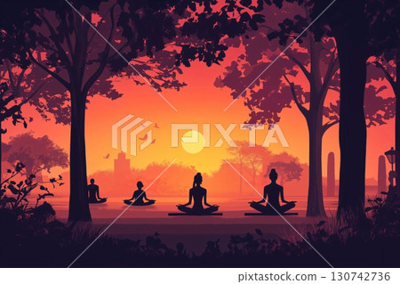 Four people are practicing yoga in the park at sunset, enjoying peace and quiet after a hard day 130742736