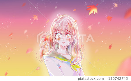 穿著水手服的女學生，眼淚，胸部，秋葉，背光，黃昏 130742743