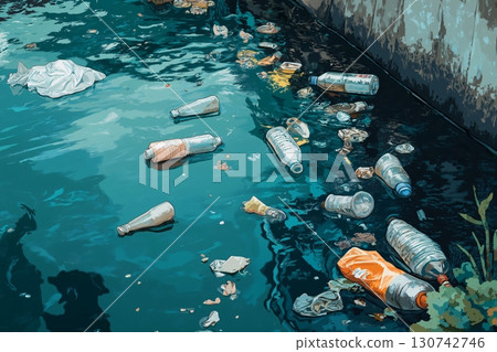 Illustration of plastic pollution in river with plastic bottles and trash floating, concept for environment conservation 130742746
