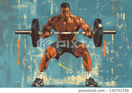 Illustration of a muscular athlete lifting weights, doing squats and exercising legs Illustration of a muscular athlete lifting weights, doing squats and exercising legs 130742786
