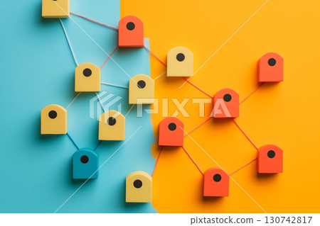 Network of interconnected nodes representing a digital referral system spreading across a vibrant blue and orange background 130742817