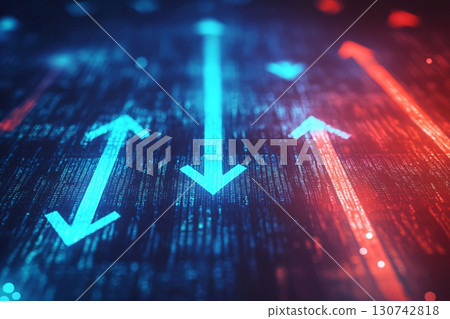 Red and blue glowing arrows are pointing up and down, over binary code on a dark background 130742818