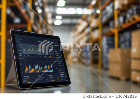 Digital tablet is displaying logistics data inside a warehouse, optimizing operations and improving efficiency 130742819
