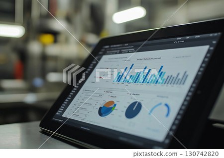 Tablet displaying charts and data is providing key information for decision making in an industrial setting 130742820