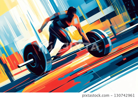 Abstract illustration of a weightlifter lifting a barbell with colorful brushstrokes and geometric shapes 130742961