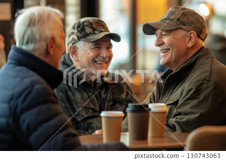 Three happy senior veterans are laughing and enjoying coffee together at a cafe 130743063