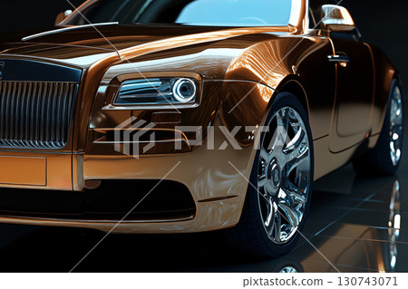 Luxurious golden car with chrome details is parked in a showroom, reflecting on the floor 130743071