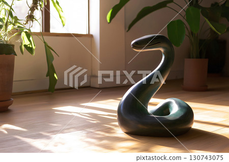 Green wooden snake sculpture is displayed on a hardwood floor, bathed in warm sunlight streaming through a nearby window 130743075