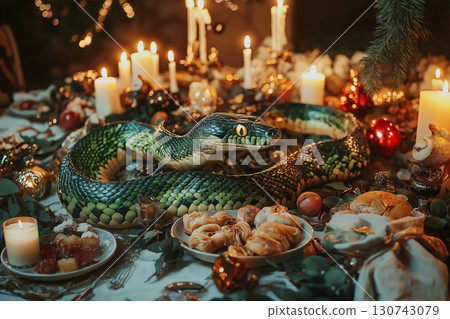 Green snake is slithering over a table decorated for Christmas dinner, surrounded by candles, pastries, and ornaments 130743079