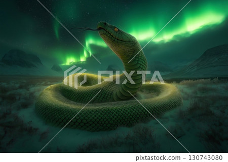 Giant green snake is posing in a snowy field with its tongue out under the northern lights 130743080