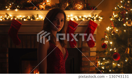 Beautiful young woman is posing by the fireplace in a decorated home with Christmas lights and stockings hung with care Beautiful young woman is posing by the fireplace in a decorated home with Christmas lights and stockings hung with care 130743131
