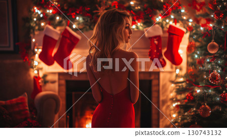 Elegant woman wearing a red dress is posing with her back turned near a fireplace and a Christmas tree Elegant woman wearing a red dress is posing with her back turned near a fireplace and a Christmas tree 130743132