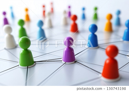 Colorful pawns are interconnected, representing a social network and the importance of connections Colorful pawns are interconnected, representing a social network and the importance of connections 130743198