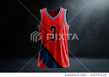 Red basketball jersey floating on a dark background, showcasing its design and colors Red basketball jersey floating on a dark background, showcasing its design and colors 130743226