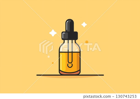 Minimalist icon of a dropper bottle containing a yellow liquid, evoking beauty and healthcare concepts 130743253