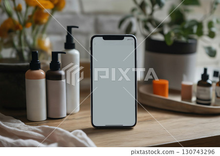Smartphone displaying a skincare app is standing on a table with cosmetic products in the background 130743296