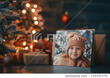 Christmas photo card is leaning on a table with a smiling girl wearing a wool hat in front of a Christmas tree with presents under it Christmas photo card is leaning on a table with a smiling girl wearing a wool hat in front of a Christmas tree with presents under it 130743370