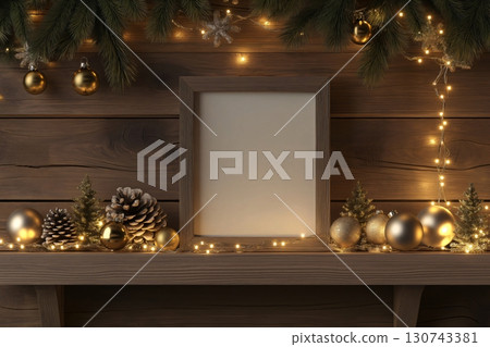 Vertical blank picture frame is surrounded by Christmas decorations and fairy lights on a wooden background 130743381