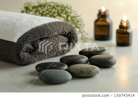 Set of hot stones for massage with essential oils and towels are waiting on a massage table 130743414