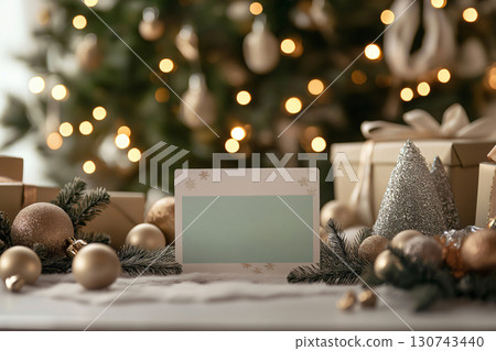 Christmas gift voucher card standing on snow with Christmas tree lights in the background, surrounded by Christmas decorations 130743440