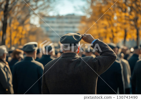 Crowd of veterans saluting outdoors during a veterans day ceremony, honoring the service and sacrifice of armed forces 130743490