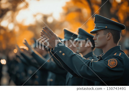 Military officers standing in a row, saluting during a veterans day ceremony, honoring service and duty with patriotism and pride. Outdoor celebration pays tribute to soldiers 130743491