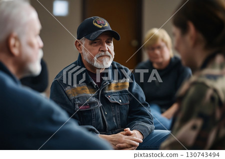 Veteran wearing a military hat is listening intently during a group therapy session 130743494